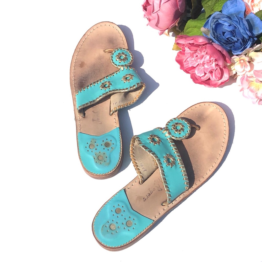 Jack Rogers Size 10 Teal and Gold Leather Sandals